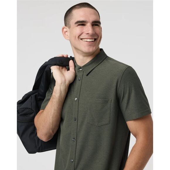 Vuori Mens Short Sleeve Ace Button Down In Oregano Olive Green Sz L Sustainable - Picture 2 of 7